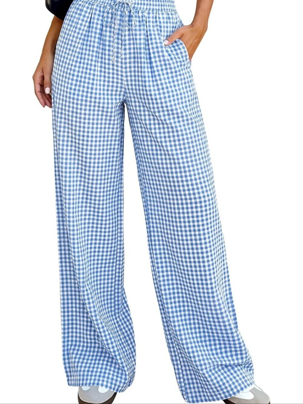 Blue Gingham Wide-Leg Pants - Casual Pull-On - Picture 6 of 6